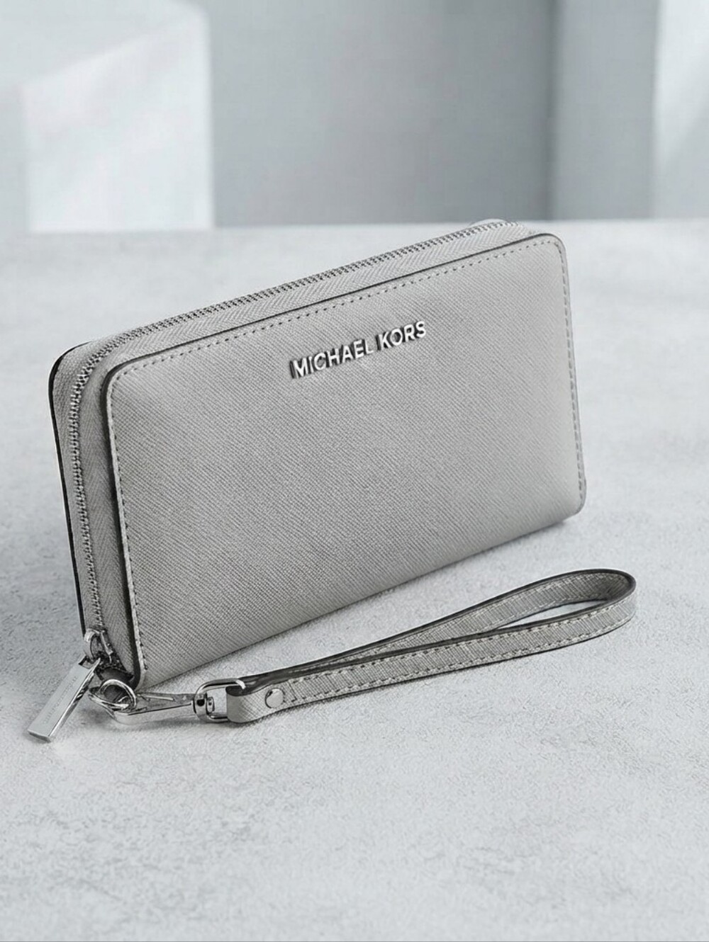 Michael Kors Gray Pebbled Leather Zip Wristlet with Removable Strap